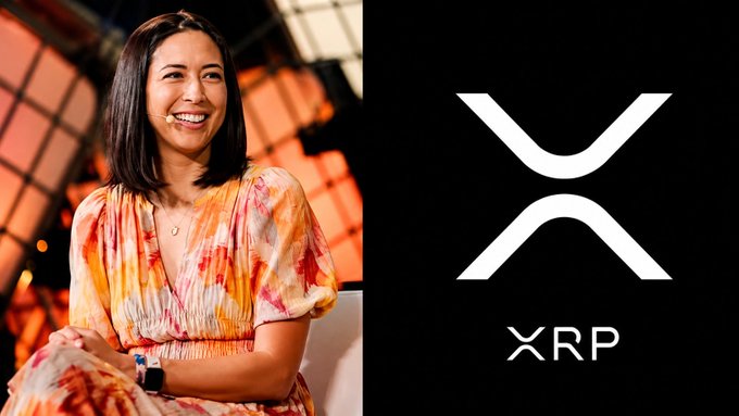 A split image showing a smiling woman with shoulder-length hair on the left and the white XRP logo on a black background on the right.