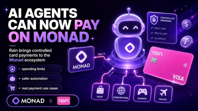 The image features an advertisement for Monad, which is a company that specializes in creating artificial intelligence (AI) agents. The main focus of the image is a robot-like figure wearing a headset with a smiley face, surrounded by various payment options such as credit cards and virtual money. The text on the image reads: "I think @monad is exciting because it doesn't just want to be another fast chain. It is starting to build toward real use cases." This statement emphasizes the potential of Monad's AI agents in revolutionizing the way people make payments, making transactions faster and more efficient than ever before.