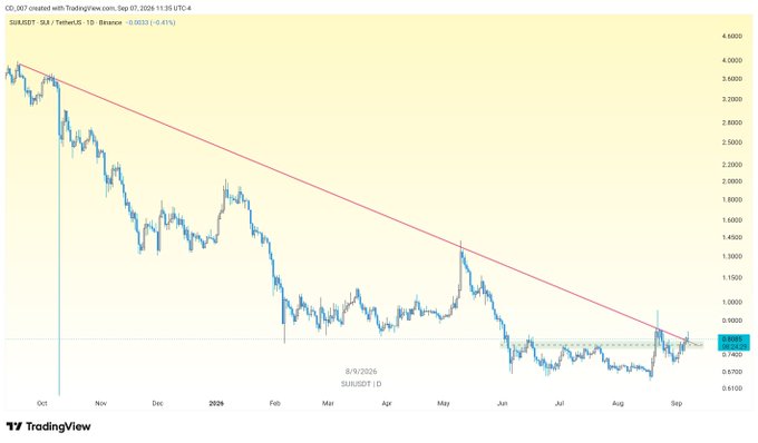 The image is a TradingView daily chart of $SUR/USDt (SUI/USDT) on Binance, showing a clear downtrend from October highs near 3.80 down to a 2026 low around 0.61, with price currently retesting the long-term descending trendline resistance near 0.84 after a recent breakout attempt, consistent with the post's call to add to a position with a stop loss at 0.69.