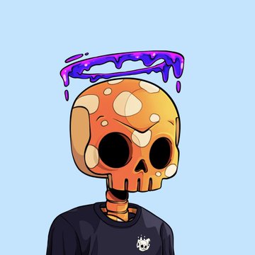 A cartoon illustration of an orange skull character with large black eyes wearing a black shirt, with purple slime dripping above its head against a light blue background.
