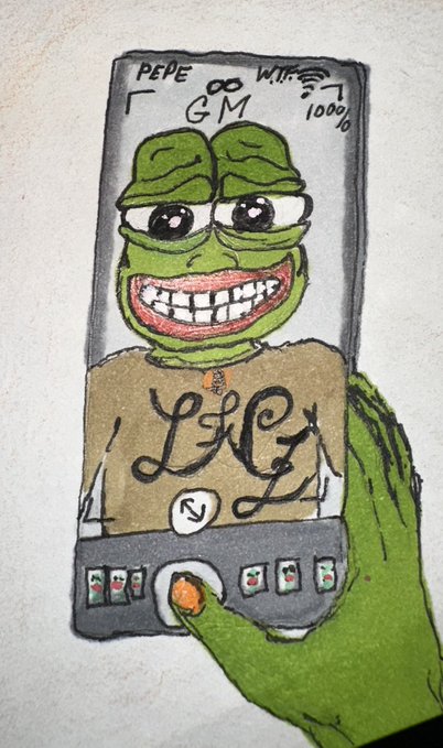 A hand-drawn illustration features the meme character Pepe the Frog taking a selfie with a gray smartphone, with "PEPE GM" written at the top of the screen and a "1000" number displayed, fitting the "GM SELFIEs" prompt as a creative crypto meme art submission.