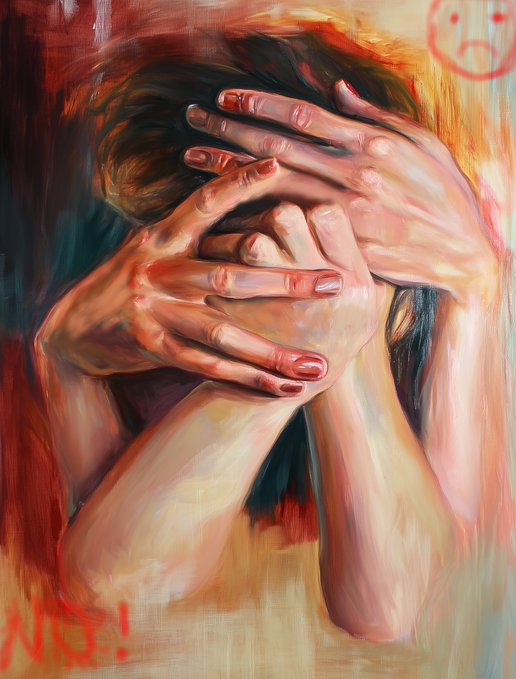 An expressive painting of a figure with their face covered by their hands, with a sad face drawn in red on the upper right and 'NO!' painted in red at the bottom.