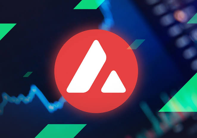 The image features the Avalanche (AVAX) cryptocurrency logo—a red circle with a stylized white "A"—set against a blurred background of a financial price chart and keyboard, with green geometric accents. This visual reinforces the post's message by symbolizing bullish market optimism and a call to "Believe in Avalanche."