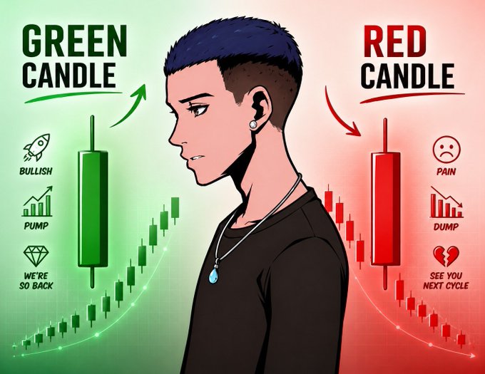 An illustrated graphic of a person facing away from the viewer, with "GREEN CANDLE" (bullish/pump/"we're so back") on the left and "RED CANDLE" (pain/dump/"see you next cycle") on the right, each with corresponding candlestick chart imagery.