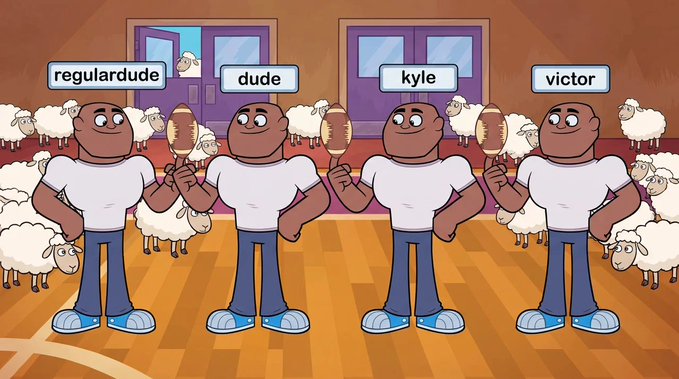 Four identical cartoon characters labeled "regulardude," "dude," "kyle," and "victor" stand holding footballs in a room filled with sheep, humorously illustrating the post's claim that "EVERYTHING IS $SHEEP CODED" by showing how everyone is just a sheep in disguise following the same herd mentality.