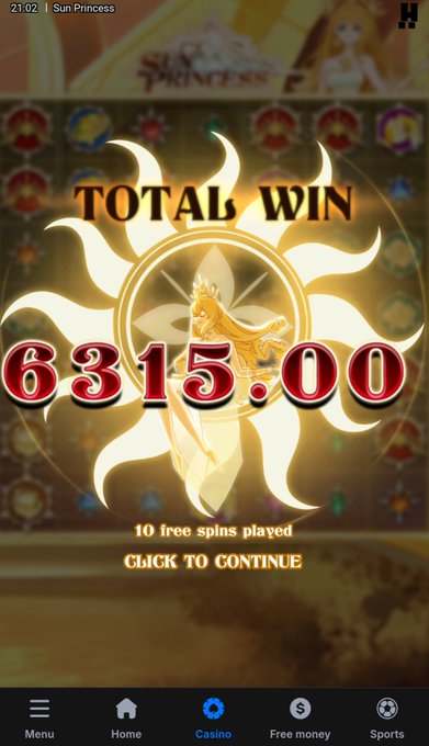 A screenshot from the mobile game "Sun Princess" displaying a "TOTAL WIN" of 6315.00 after 10 free spins played. The image is being used as visual proof of a gambling win to promote a flash giveaway on social media, where users must comment with their Solana wallet address to enter.