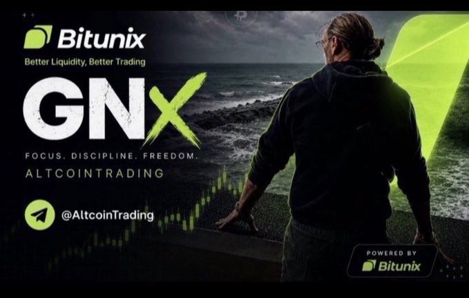 A promotional graphic for "Bitunix" featuring the text "GNX," "Focus. Discipline. Freedom.," "AltcoinTrading," and "Powered by Bitunix," showing a man looking out at a stormy sea with a green overlay.