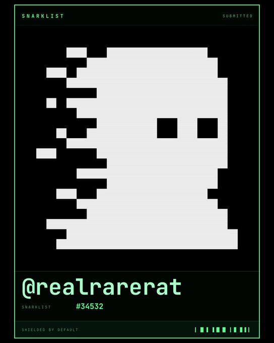 A pixel art snarker NFT collection entry showing a stylized white skull/ghost figure with the username @realrarerat, snarklist #34532, marked as submitted and shielded by default.