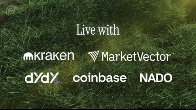 The image features a green grassy field with various logos scattered throughout it. The main focus of the image is a white banner that reads "Live With" at the top, followed by several logos related to cryptocurrency and financial services such as "dkronen", "market-vector", "coinbase", and "nado". These logos are placed in different positions on the field, creating an interesting visual effect. The image also includes a watermark that reads "@PythNetwork" at the bottom right corner.