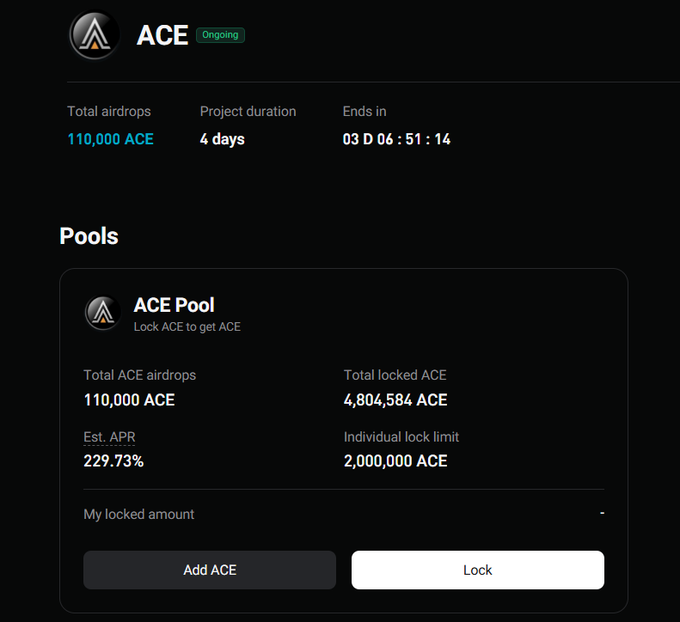 An ACE token airdrop page shows 110,000 ACE total airdrops over a 4-day period with an estimated APR of 229.73% for the ACE Pool.