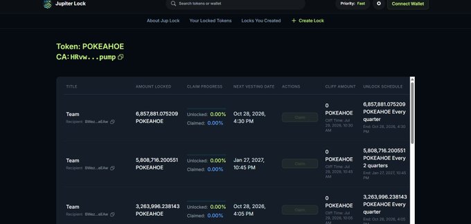 Screenshot of Jupiter Lock platform showing token locks for 'Token: POKEAHOE' with a contract address, displaying multiple locked token entries with amounts, claim progress percentages, and vesting dates.