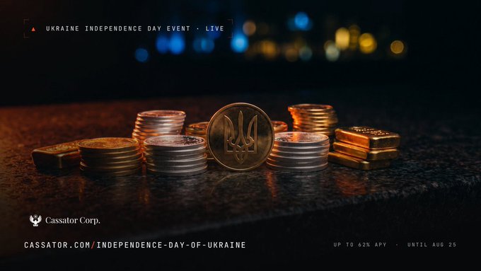 A stack of coins featuring the Ukrainian Tryzub emblem sits prominently in the foreground, with gold bars and additional coin stacks arranged on a dark, bokeh-lit surface. The promotional banner for the Cassator Corp. Ukraine Independence Day Event displays a tiered staking offer of up to 62% APY until August 25.