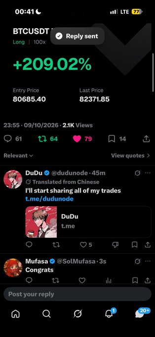 A Twitter/X post screenshot from 23:55 on 09/10/2026 showing the same BTCUSDT +209.02% trade with 2.1K views, 61 replies, 64 retweets, 79 likes, and a comment from DuDu saying 'Congrats' and another from Mufasa.