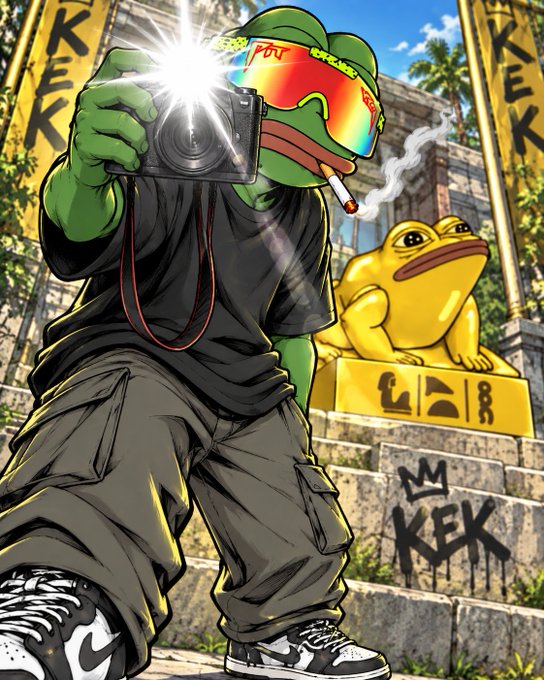 The image features a green Pepe the Frog wearing rainbow ski goggles, holding a camera, and smoking a cigarette, standing in front of a golden Pepe statue with "KEK" graffitied on stone steps. The scene visually ties to the post's announcement, using Pepe and the prominent "KEK" branding to promote the upcoming NFT snapshot for the $KEK ICO and airdrop eligibility.
