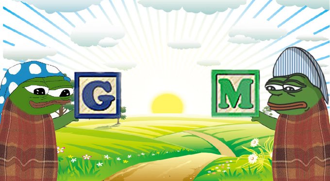 A cartoon image of two Pepe the Frog characters holding letter blocks 'G' and 'M' against a sunny landscape background.