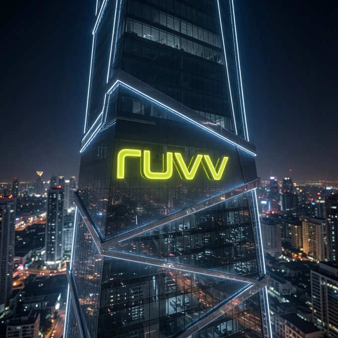A nighttime view of a modern glass skyscraper featuring a glowing yellow neon 'ruvv' sign on its facade, overlooking a sprawling cityscape.