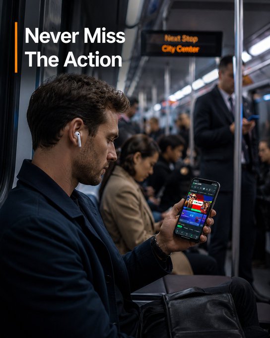Advertisement showing a man on a subway wearing wireless earbuds with text 'Never Miss The Action' overlaid.