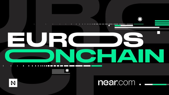 A bold black-and-green graphic reads "EUROS ONCHAIN" with "near.com" displayed below, promoting the launch of confidential euro transactions on the NEAR protocol across 30+ chains.