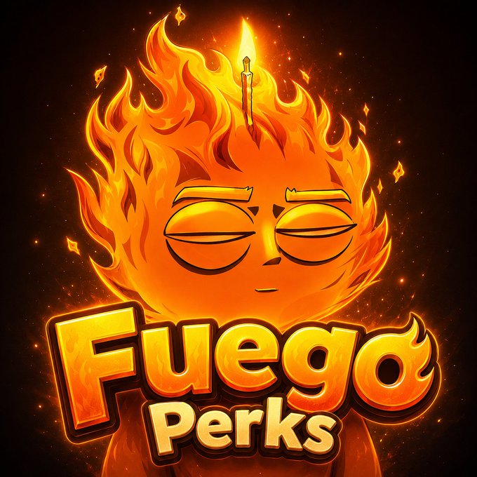 A fiery logo featuring a cartoon face engulfed in flames with a candle on its head, accompanied by the text 'Fuego Perks' in glowing orange and yellow lettering.