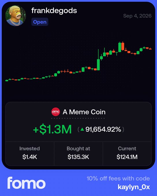 A promotional graphic from the FOMO app showcases legendary trader "frankdegods" with a +$1.3M profit (+91,654.92%) on the "A Meme Coin" (AMC) trade, transforming just $1.4K into $124.1M as of September 4, 2026. The post relates by suggesting that skeptics of the bull market will feel increasing "FOMO" as they watch traders like this achieve legendary, deified status through staggering gains.