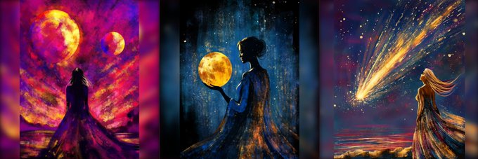 A triptych of artistic paintings featuring women in flowing dresses interacting with celestial elements like moons, suns, and comets against vibrant cosmic backgrounds.
