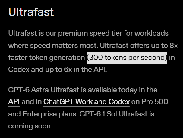 The image displays an announcement for "Ultrafast," a premium speed tier offering up to 8x faster token generation at 300 tokens per second in Codex and up to 6x in the API. It notes that GPT-6 Astra Ultrafast is launching today in the API, ChatGPT Work, and Codex on Pro 500 and Enterprise plans, while GPT-6.1 Sol Ultrafast is coming soon.