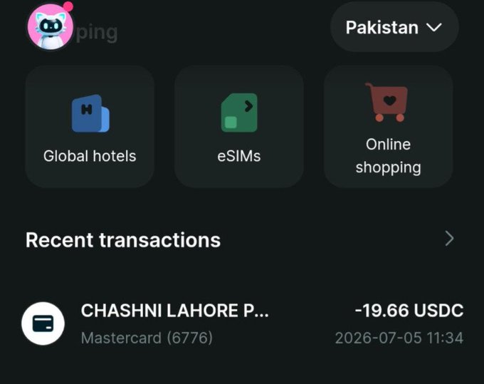 A dark-themed app interface showing categories for Global hotels, eSIMs, and Online shopping, with Pakistan selected as region and a recent transaction of -19.66 USDC at 'CHASHNI LAHORE' on Mastercard dated 2026-07-05.