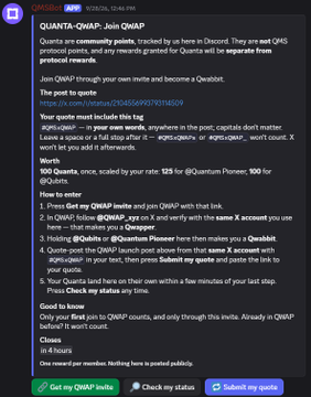 A Discord interface screenshot showing information about 'QUANTA->QWAP: Join QWAP' for community points on the Qubic network, with invite links and instructions.