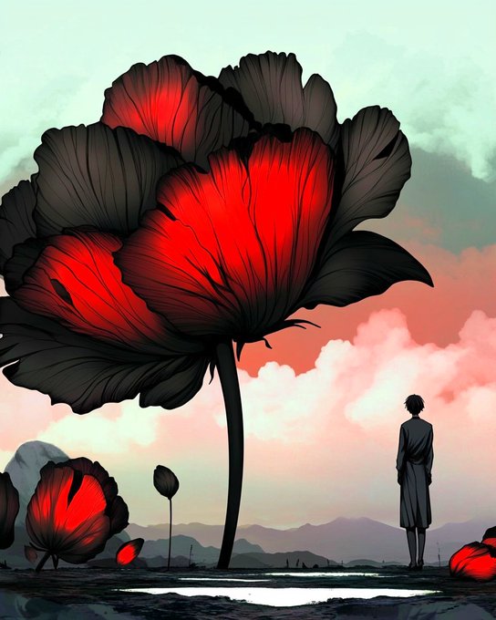 A stylized digital artwork depicting a person in a dark coat standing before a massive black and red flower against a muted, cloudy landscape.