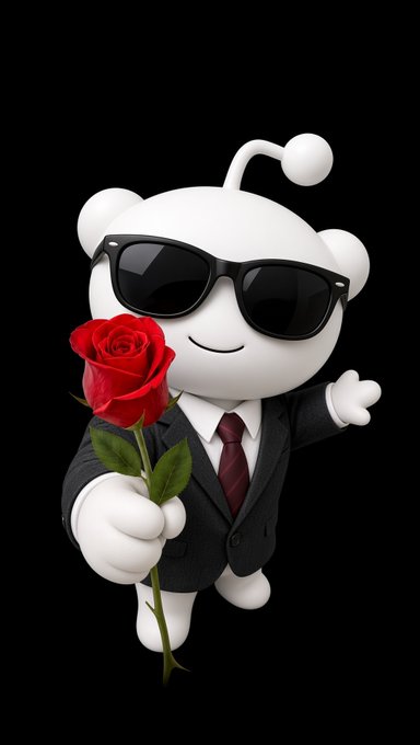 A 3D rendering of the Reddit mascot, Snoo, wearing black sunglasses and a black suit with a red tie, holding out a red rose against a black background.