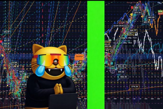 The image features a cartoon cat wearing sunglasses, holding a laptop computer with its paws. The cat appears to be crying or expressing frustration as it looks at the screen of the open laptop. In the background, there are stock market graphs that show fluctuations in value over time. The caption on the post reads "MOG about to explode upward". This suggests that the stock market is experiencing a significant increase in value and is expected to continue rising.