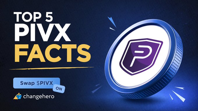 A 'TOP 5 PIVX FACTS' promotional graphic with a dark blue background, displaying a 3D rendering of a PIVX cryptocurrency coin with a purple shield and 'P' logo, alongside a 'Swap $PIVX on ChangeHero' button.