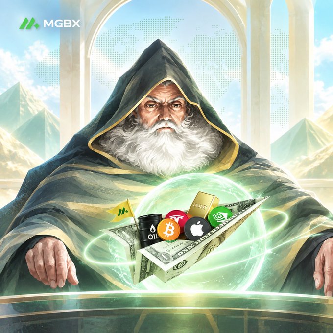 MGBX illustration of a bearded wizard-like figure in a hooded cloak conjuring a glowing orb containing dollar bills, a gold bar, and icons for oil, Bitcoin, Pi, Apple, WhatsApp, and other brands, with a world map backdrop.