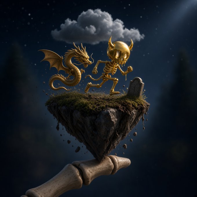 A 3D rendered scene depicting a tiny floating island with a golden dragon and a golden skeleton running beneath a small cloud, balanced on a bone.