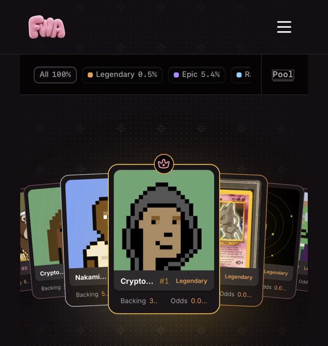 A digital collectibles marketplace labeled "FNA" displays a carousel of cards, highlighting a "Legendary" item (0.5%) featuring a pixelated character wearing headphones, categorized as #1.