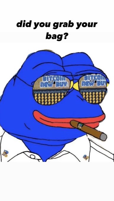 A blue Pepe the Frog meme wearing sunglasses with text reading 'BITCOIN NEW BUY' and 'HappyBirthdayBitcoinSonic10mc' holds a cigar and asks 'did you grab your bag?'