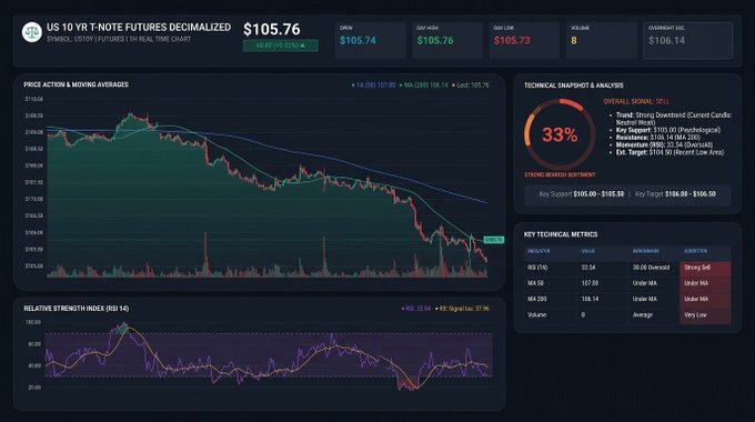 Trading dashboard for US 10 YR T-NOTE FUTURES (DECIMALIZED) showing price $105.76, with technical analysis indicating 33% strong bearish sentiment and downward trending price action.