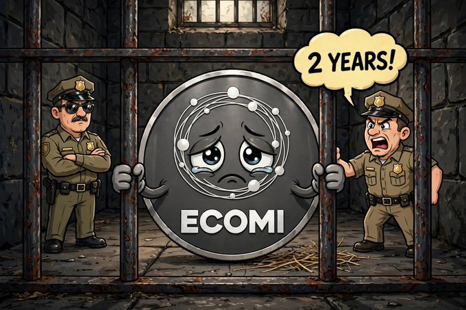 A cartoon illustration of the ECOMI token crying in a prison cell while two police officers guard the cell, with one saying '2 YEARS!'.