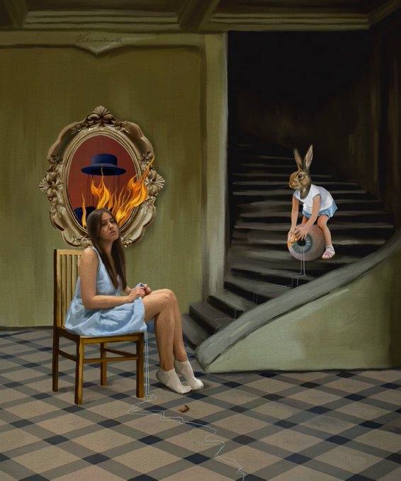 A surreal digital artwork titled "Childhood witnessing a fire" by TezosTuesday, showing a girl sitting in a chair while a rabbit-headed figure slides down a banister, with flames visible in an ornate mirror reflecting a burning hat.
