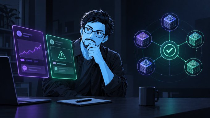 A thoughtful man with glasses sits at a desk at night, surrounded by glowing holographic screens showing graphs, alerts, and interconnected data nodes. The image visually represents the analytical scrutiny and second-guessing behind determining what truly counts as "calling" a trade in crypto—the same kind of deliberation the author describes when weighing whether his friend's vague "this one's interesting" post qualifies as a legitimate prediction of a memecoin pump.