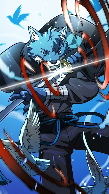 An anthropomorphic blue wolf warrior in dark armor brandishes a sword with red energy swirling around them, accompanied by a white bird companion. The fierce, dynamic illustration ties into the post's theme of "wolfies" on Wolfswap, embodying the app's wolf mascot in an action-packed anime style.