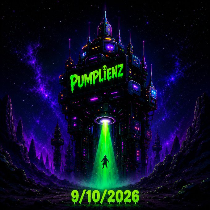 Digital artwork for 'PUMPLIENZ' features a futuristic dark tower emitting a green beam of light in a purple cosmic landscape, dated '9/10/2026'.