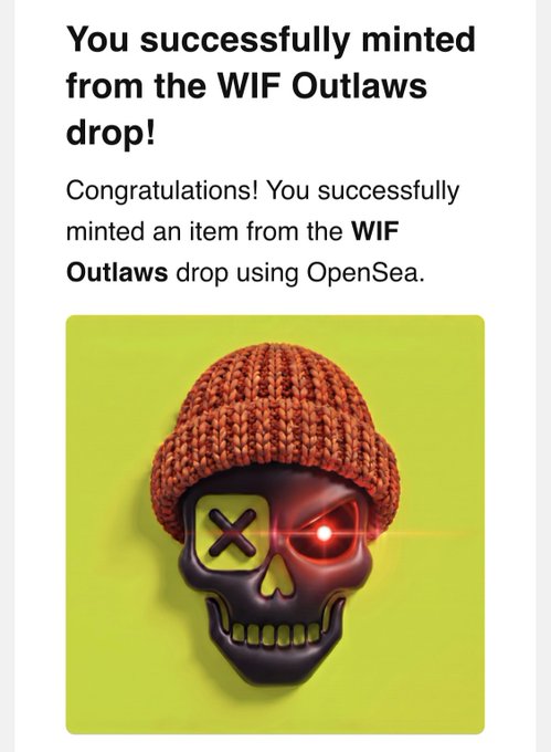 A notification reading "You successfully minted from the WIF Outlaws drop!" featuring an image of a skull wearing a brown beanie with glowing red eyes.