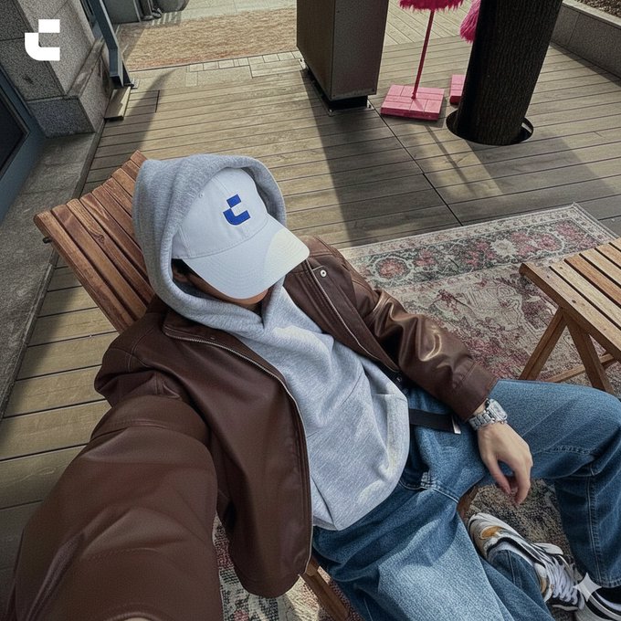 A person wearing a brown leather jacket over a gray hoodie and a white cap with a blue "T" logo sits in a wooden lounge chair on a deck, posting "GM" (Good Morning) for their crypto/Web3 community.