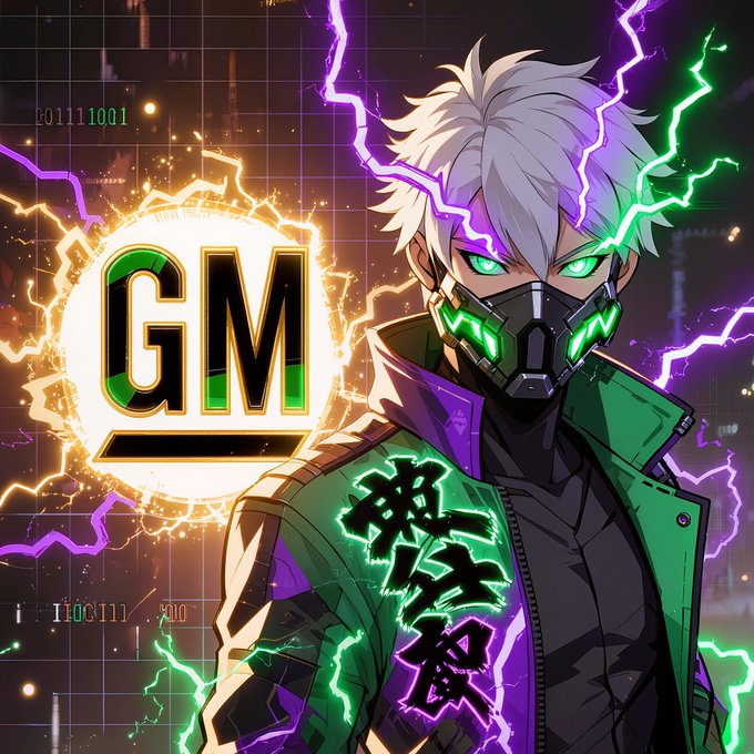 An anime-style character with white hair, glowing green eyes, and a mechanical mask stands amid purple lightning, wearing a green jacket with '無双' (Musou) kanji and a 'GM' badge beside them.