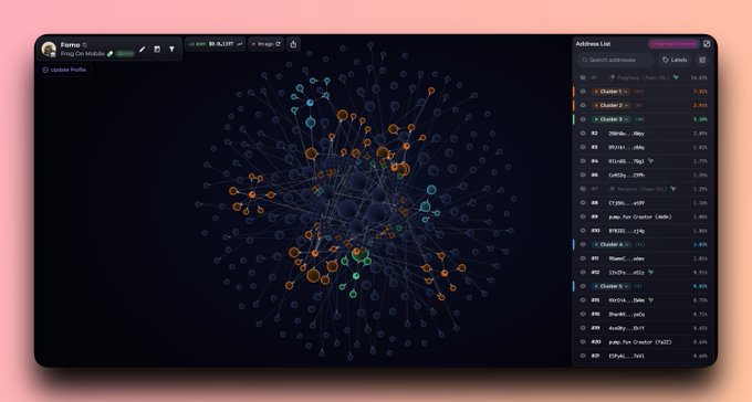 A network visualization dashboard called 'Fomo' showing a cluster of interconnected nodes in a force-graph layout, with a sidebar listing token addresses including Cluster 1, Cluster 2, and various tokens with percentage changes.