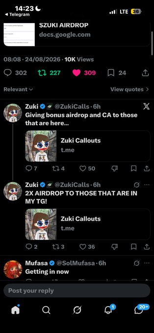 A Telegram screenshot showing a post by @ZukiCalls with a Google Docs link titled "SZUKI AIRDROP" and tweets offering "bonus airdrop and CA" and "2X AIRDROP TO THOSE THAT ARE IN MY TG!".