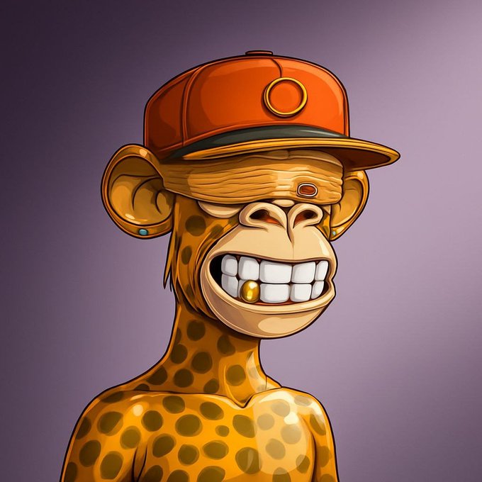 A digital illustration of a Bored Ape Yacht Club-style NFT character wearing a red cap, featuring a gold tooth and a blindfold, set against a purple background.