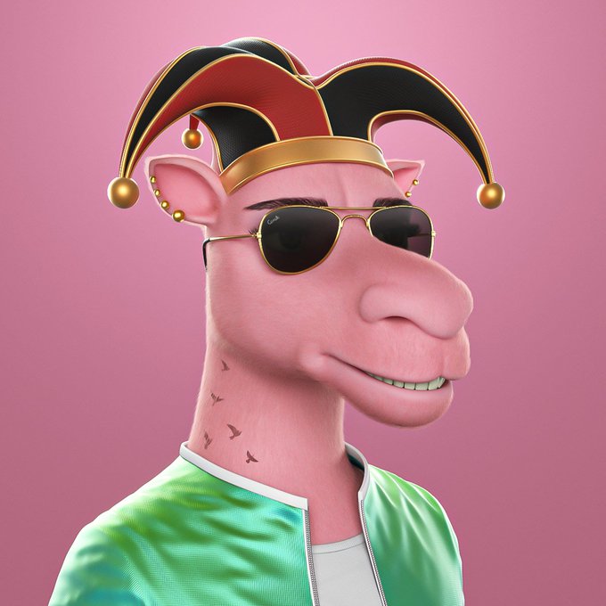 A 3D-rendered pink character wearing a jester hat, Ray-Ban sunglasses, and a green jacket, smiling against a pink background.