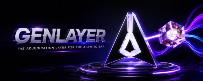 A promotional graphic for 'GENLAYER' featuring a glowing purple and silver triangular logo alongside a faceted crystal-like object, with the tagline 'THE ADJUDICATION LAYER FOR THE AGENTIC ERA' displayed against a dark background.